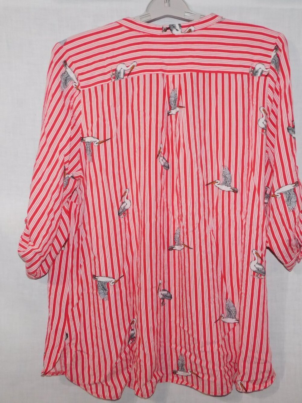 Mandee Red White Striped Heron Bird Print 3/4 Sleeve V neck Blouse Womens 2X - Picture 10 of 12
